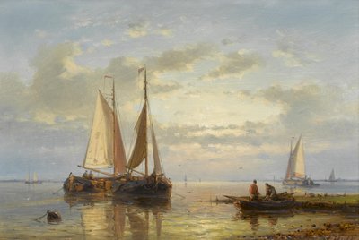 Vissersboten voor anker in de ondiepten bij schemering door Abraham Hulk